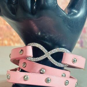 Pink leather BCA Studded wrap  Bracelet with Infinity Charm